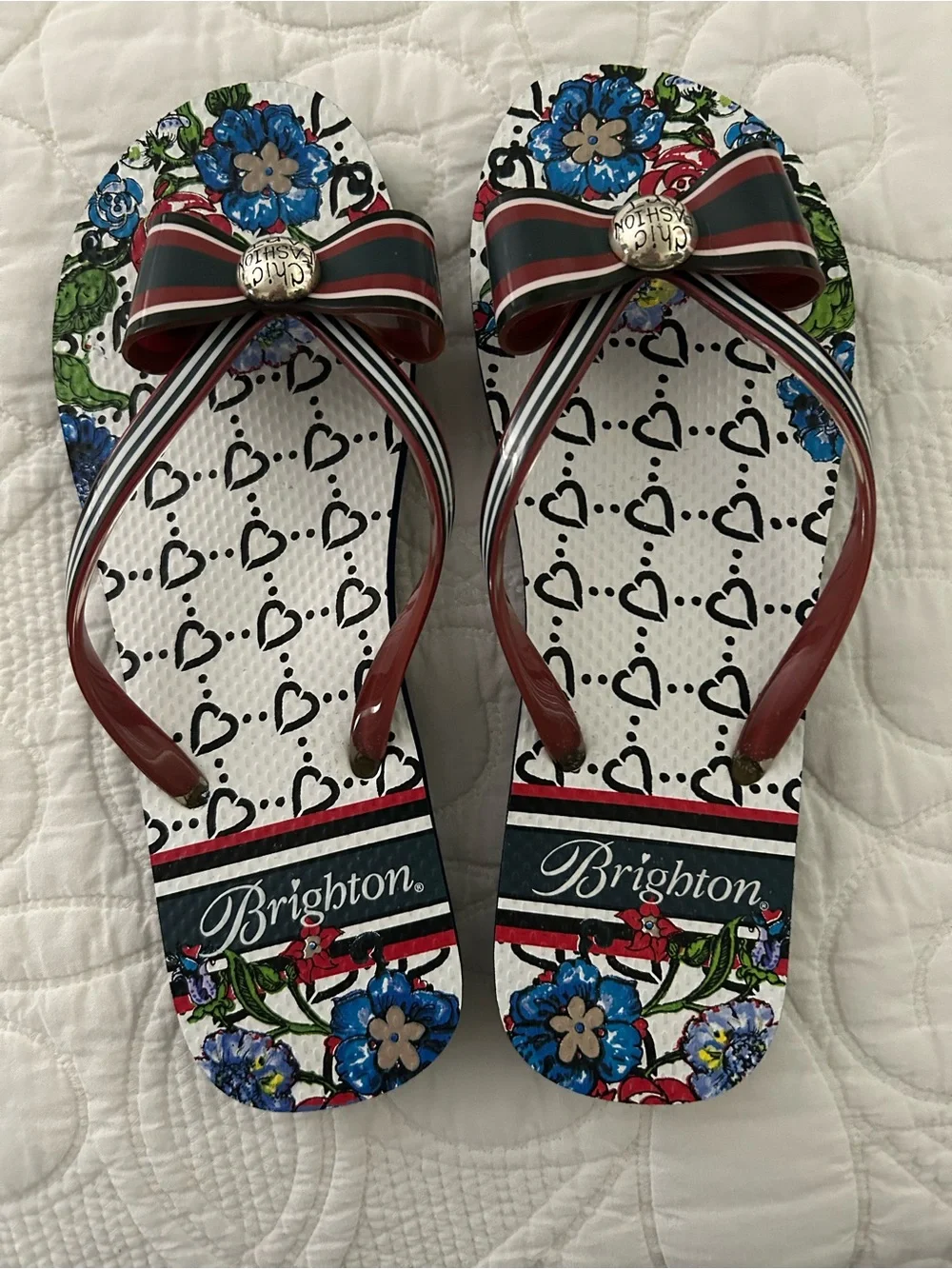 Brighton Floral Heart Print Bow Flip-Flops in Red, Blue, Green - Picture 1 of 4
